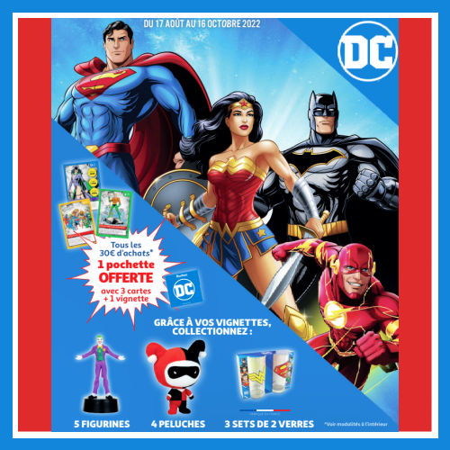 Collecteur vignettes DC Comics Auchan cartes verres figurines peluches à collectionner