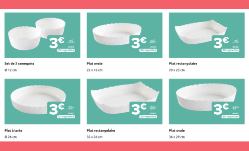 Les 6 plats Luminarc  6 chez Carrefour avec les vignettes